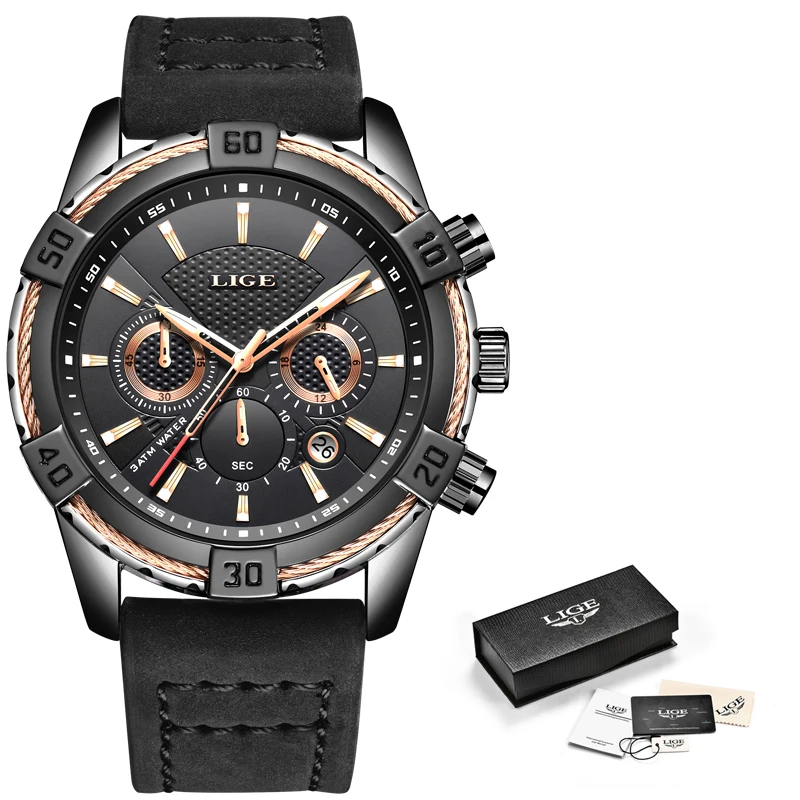 2019 LIGE Mens Watches Top Brand Luxury Male Casual Leather Watch For Men Mutifuction Waterproof Quartz Chronograph Reloj Hombre