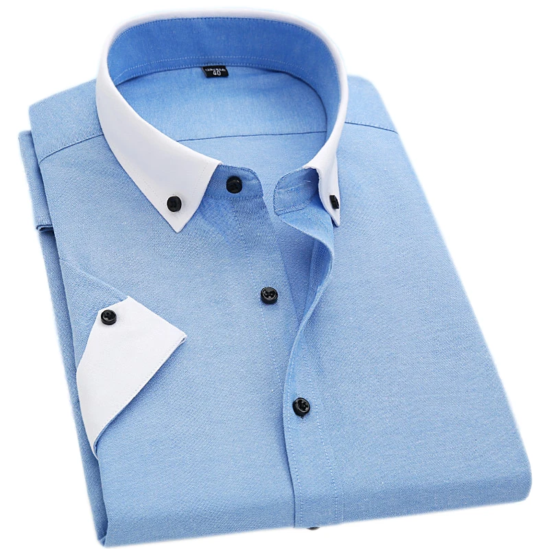 

Summer 2017 Men's Short Sleeve Solid Oxford Dress Shirt With Contrast Color Collar /Cuff Casual Work Slim Fit Shirts