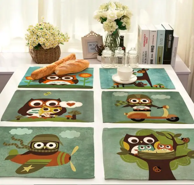 

New Printed Linen Placemat Place mat Table Mat cartoon Owl cute polyester Dinner table mat Coaster Home textile Dec FG860