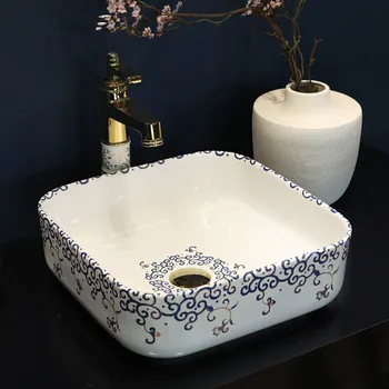 

Porcelain Cloakroom square Wash Basin Lavabo Counter top Black Sink Vessel Bathroom Hand Paint Art Wash Bowl vintage vanity sink