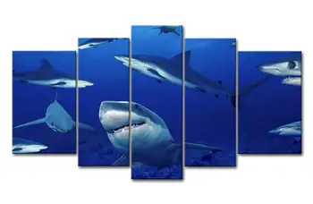 

Blue 5 Piece Wall Art Painting Sharks Animal Get Together Foraging Pictures Prints On Canvas ,Ready To Hang Drop Shipping