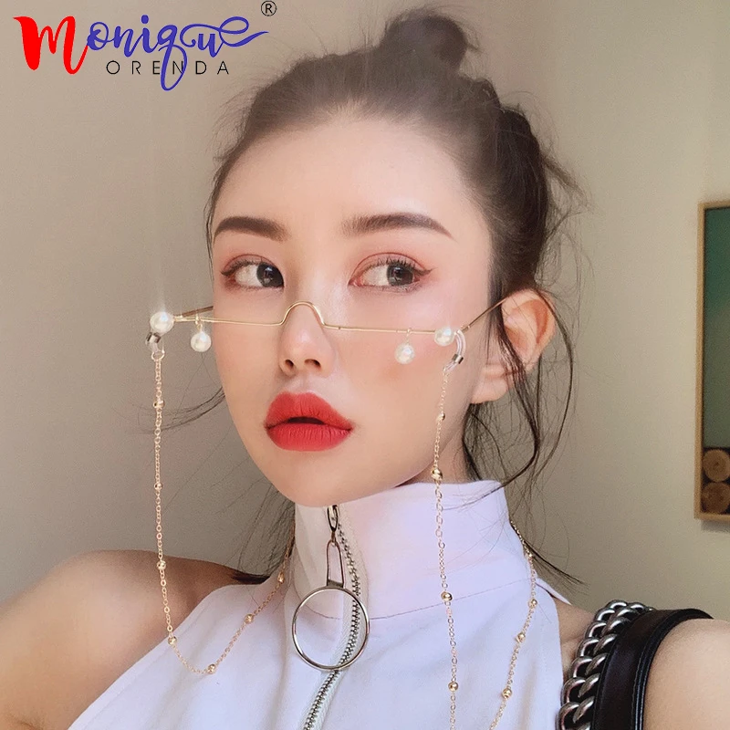 

Fashion glasses women female vintage no lense glasses elegant eyeglasses frame half frame pearl chain spectacle frame unisex