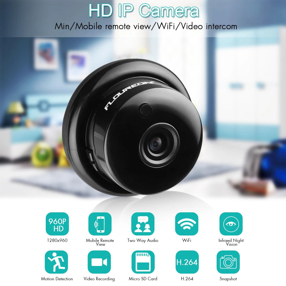 FLOUREON 960P Wifi 1.3MP Mini IP Camera H.264 Wireless Security Camera with TF Slot Q6 Night