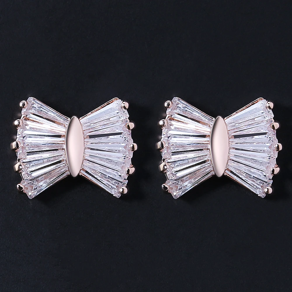 

Russia Beautiful Earring Clear Cubic Zirconia Bowknot Stud Earring Rose Gold Color Austrian Crystal Earrings for Women Girl Gift