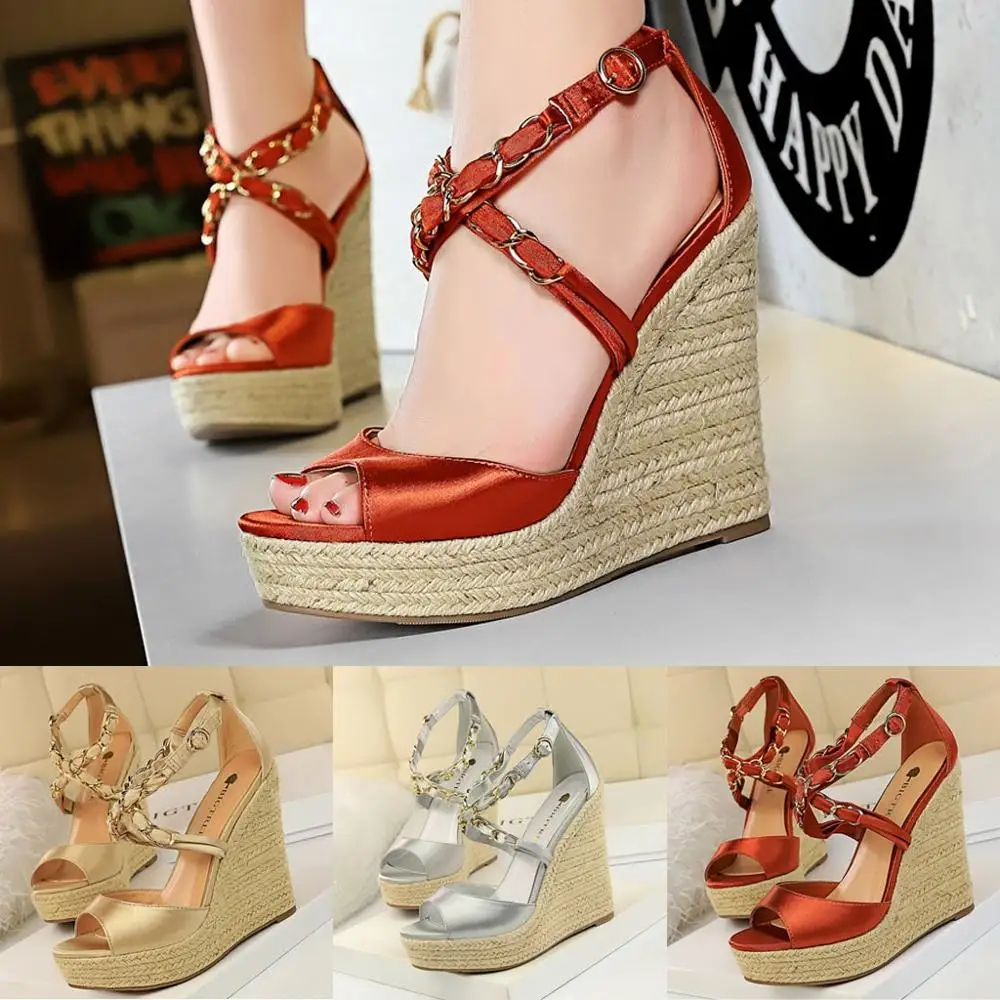 

Women's High Heel Wedges Fish Mouth Sandals Ladies Summer 2019 Fashion Platform Solid Cross Ankle Strap Casual Shoes