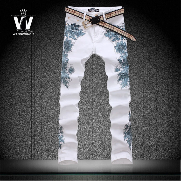 Summer style colored drawing flower print pants elastic slim personalized trousers mens skinny jeans famous brand