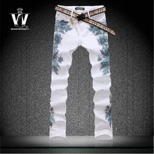 Summer style colored drawing flower print pants elastic slim personalized trousers mens skinny jeans famous brand