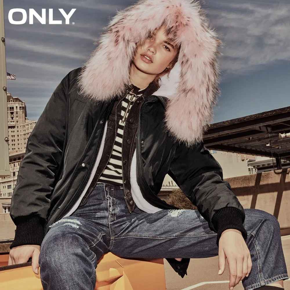 

ONLY Women's Detachable Fur Collar Long Loose Fit Hooded Down Jacket |118412504