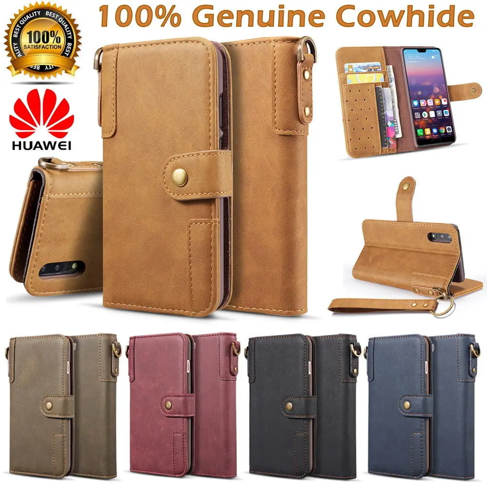 

Luxury Shockproof Lanyard Wallet Case For Huawei P20 Pro Mate 20 Lite Luxury Cowhide Genuine Leather Flip Wallet Case Cover