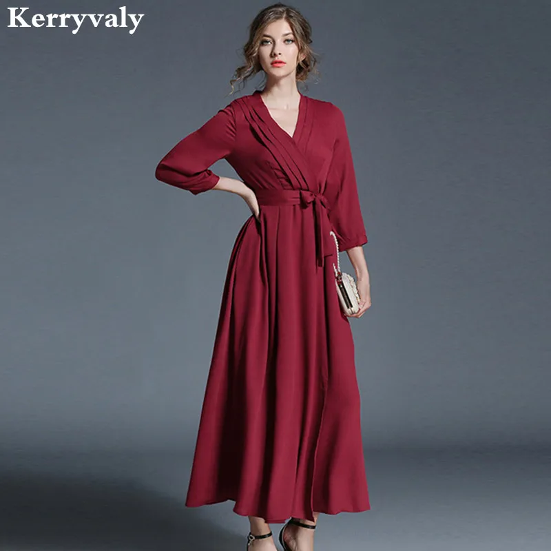 

Women Red V-neck Long Maxi Dress Robe Longue Femme Ete 2019 Vestidos Mujer Autumn Party Dresses Dames Kleding K519775