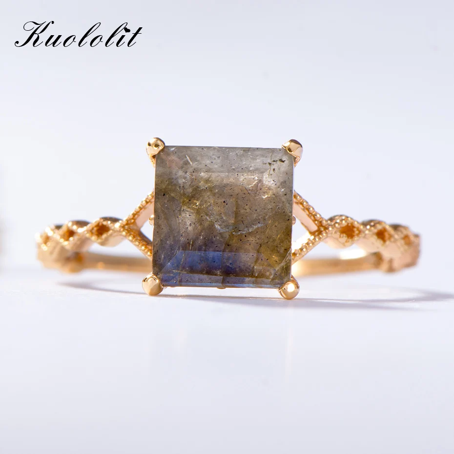 Kuolit, натуральный лабрадорит, драгоценный камень, кольца для женщин, 925 пробы, серебряное кольцо, для свадьбы, помолвки, подарок невесты, хорошее ювелирное изделие - Цвет камня: natural Labradorite