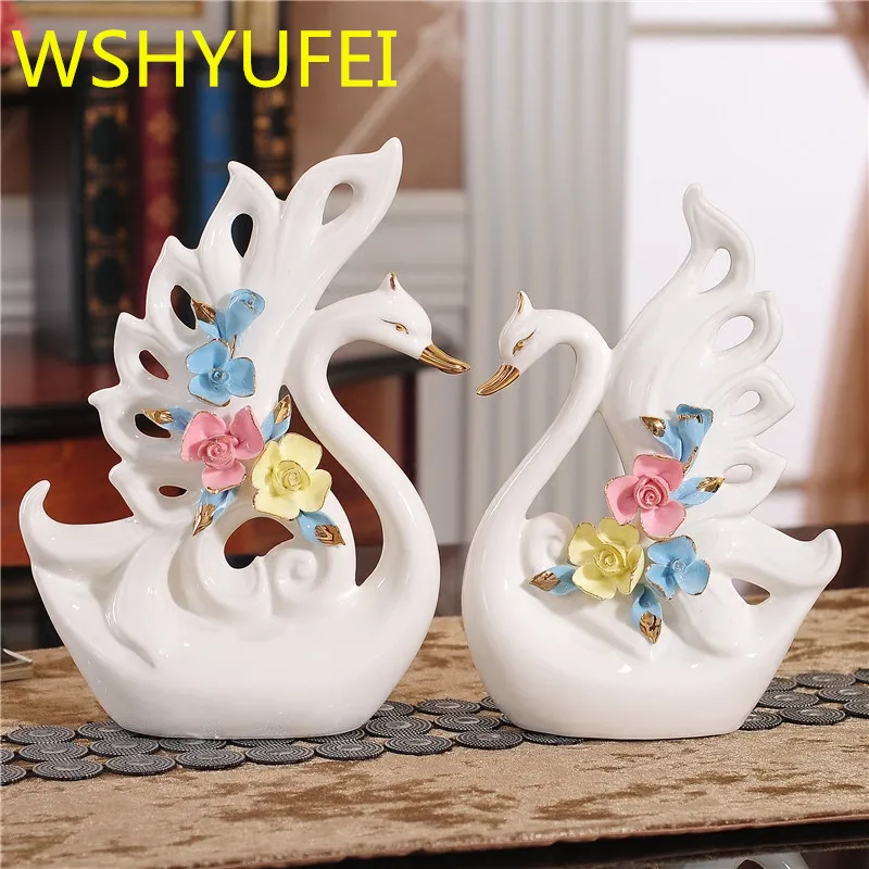 

2pcs/lot ceramic swan couple model statue animal home accessories porcelain sculpture wedding gift living room decoration good