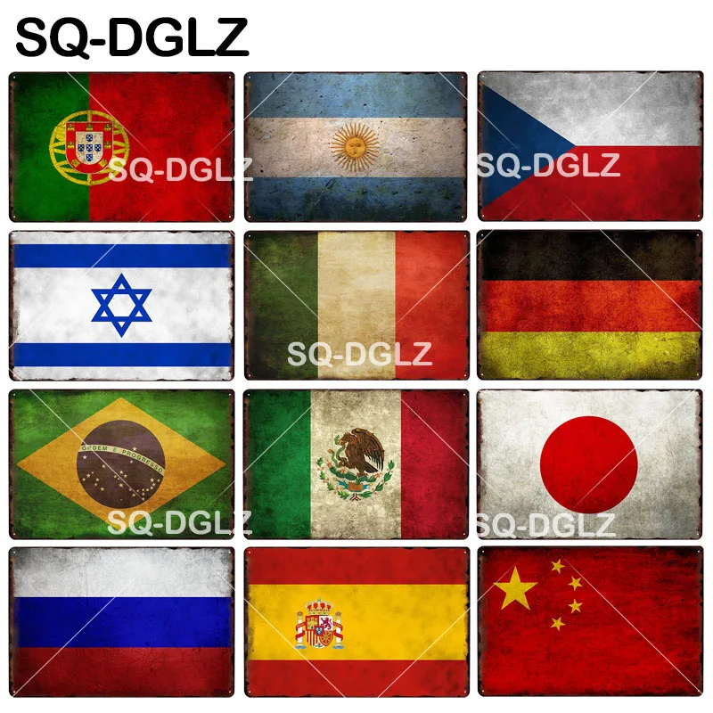 

[SQ-DGLZ] National Flag Metal Sign China/Spain/Russia/Japan/Mexico/Germany/Italy/Israel/Portugal/ Metal Crafts Plaques