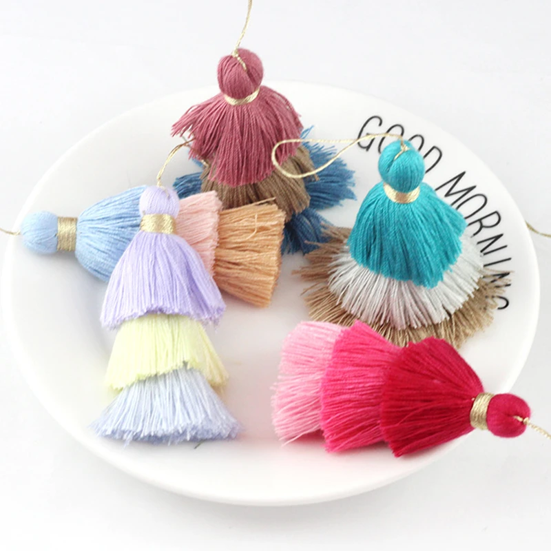 

2PCS 3 Layer Cotton Tassels Jewelry Findings Mini Tassel Fringe Trim Pendants DIY Hand Made Earring Arts Crafts Embellishments
