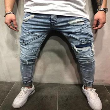 

S-4XL Boys Mens Ripped Jeans Stretchy Skinny Slim Fit Denim Pants Destroyed Trousers Fashion Streetwear