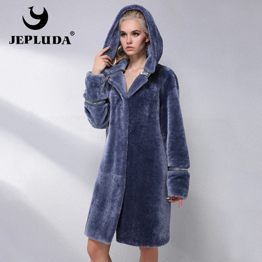 JEPLUDA Пальто Зимнее Женское Натуральным Мехом Австралия Овчина с Капюшоном