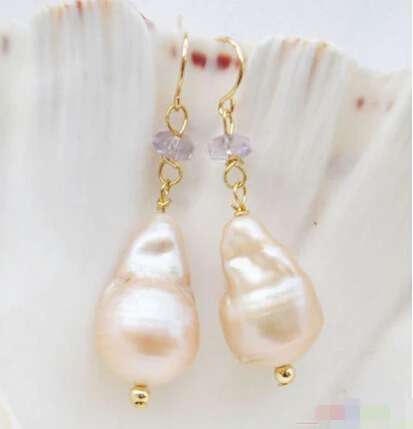 

Free shipping P4496 14x20MM PINK BAROQUE KESHI REBORN PEARL DANGLE EARRING 6.09