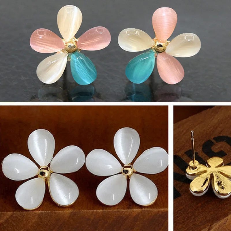 Cat Eye Earrings for Women Opal Stone Studs Simple Flower Candy Color Yong Girls Jewelry Wedding Bridal Accessories | Украшения и