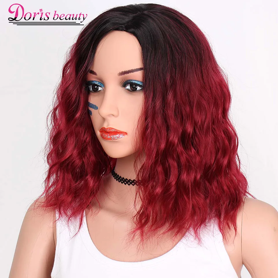 Doris beauty Ombre красный цвет синтетические короткие парики для женщин волна воды пушистые волосы черный оранжевый зеленый Косплей