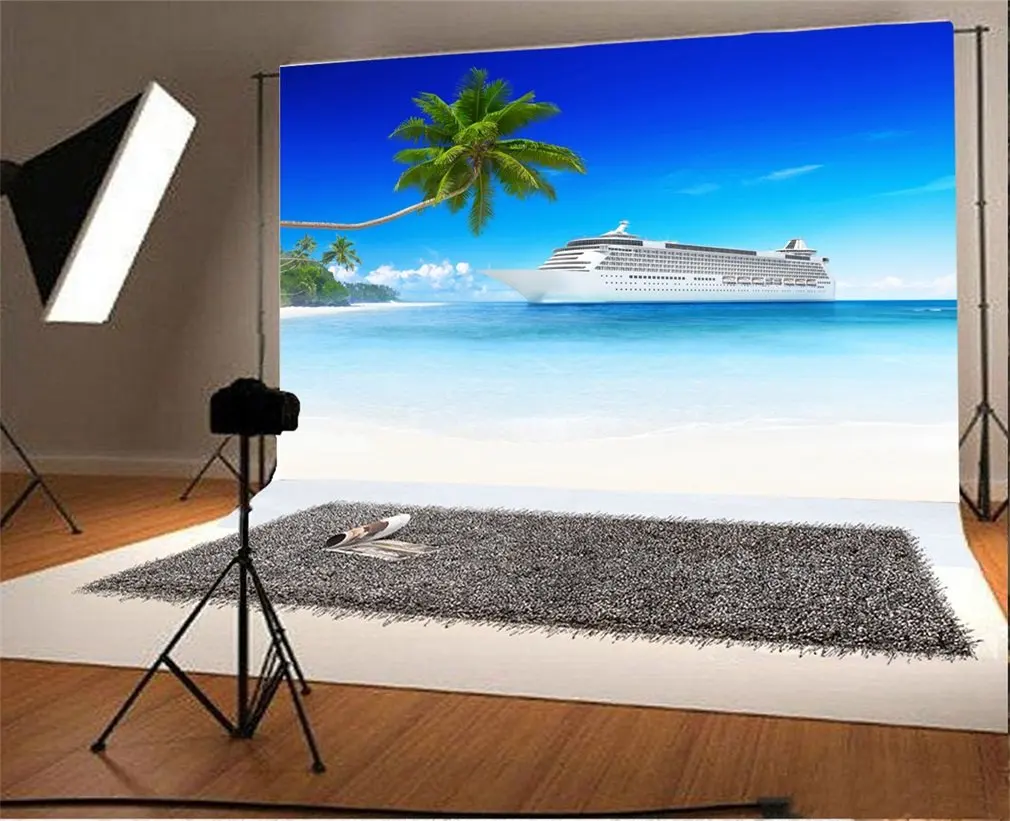 

Photography Backdrop Seaside Luxury Steamship Coconut Tree Blue Sky Ocean Romantic Photo Background