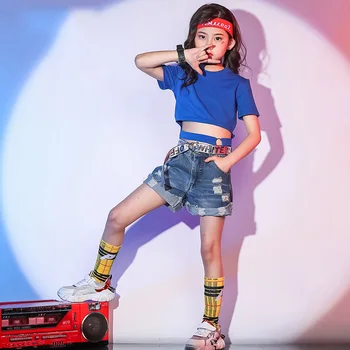 

2019 New Kids Jazz Hip-hop Suit Girls Loose Open Midriff T-shirt Hip-hop Costumes Children's Bull-puncher Knickers QDT1006