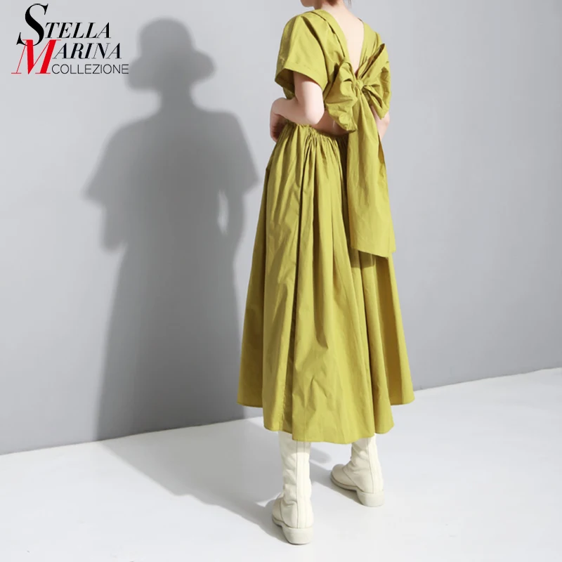 

2019 Korean Style Summer Women Long A-Line Dress Hollow Back With Bow Multi Way Lady Part Dresses vestidos Green Red Black 5237