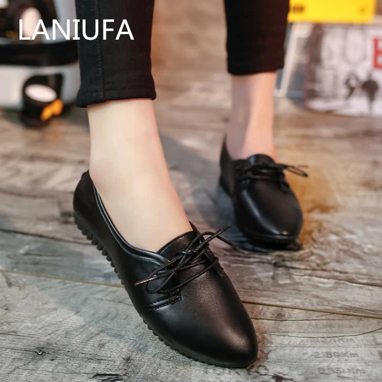 

New Women Flats Loafers Casual Oxfords Boat Shoes pu Leather women Pointed Toe Lace-Up Ballet shoes Zapatos plus size 35-40 #058