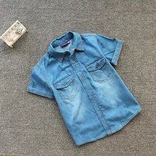 Высококачественная Новая летняя хлопковая ковбойская рубашка с короткими рукавами для мальчиков