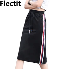 Флисовая женская черная юбка с боковыми полосками и карманами, высокая талия, Повседневная красная юбка миди в полоску, Saia XXL Faldas Mujer