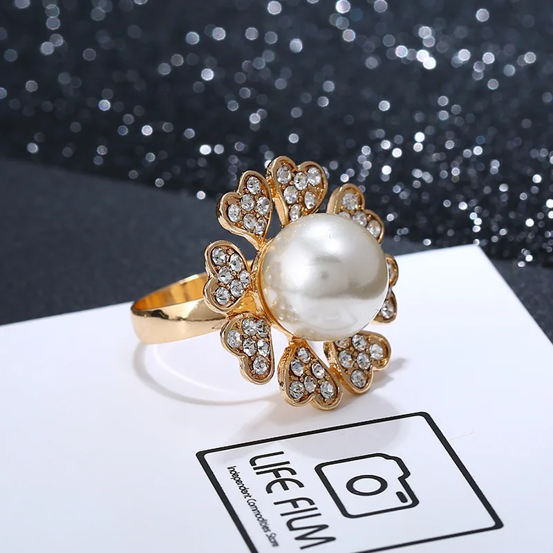 Simulated Pearl Rings For Women r With CZ stone Wedding Engagement Band Ring