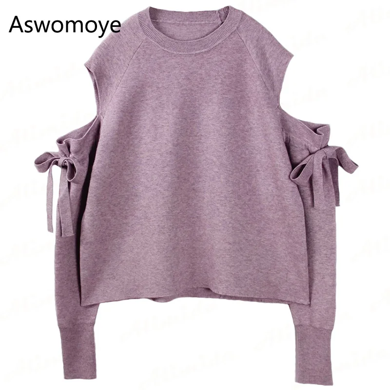 

2018 Spring New Fashion Women Sweater Full Sleeve with Bow Pullovers Purple Strapless Knitted Female Tops O-neck Coat