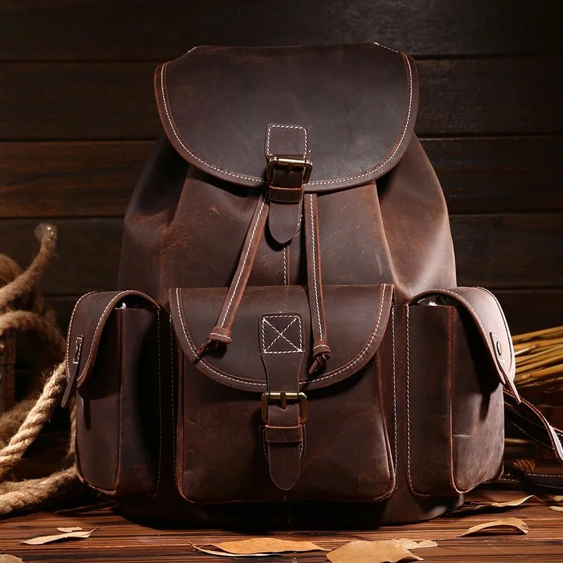 

Promotion Handmade Genuine Cow Leather Men's Drawstring Backpack Crazy Horse Leather Backpack Cattlehide Vintage Men Travel Bags