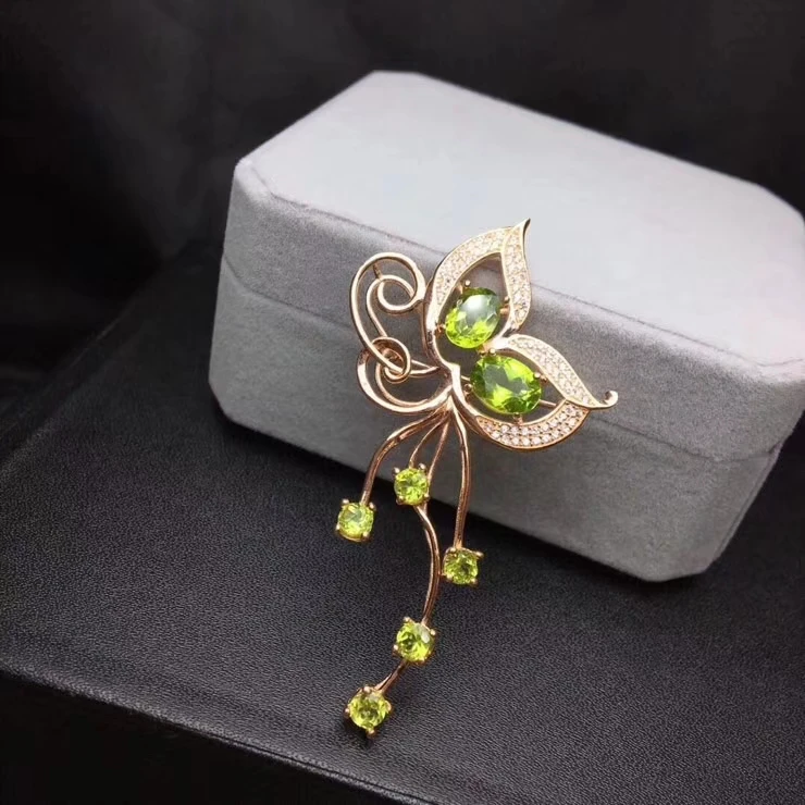  Mode grace papillon glands naturel vert péridot pendentif naturel olivine broche S925 argent femmes
