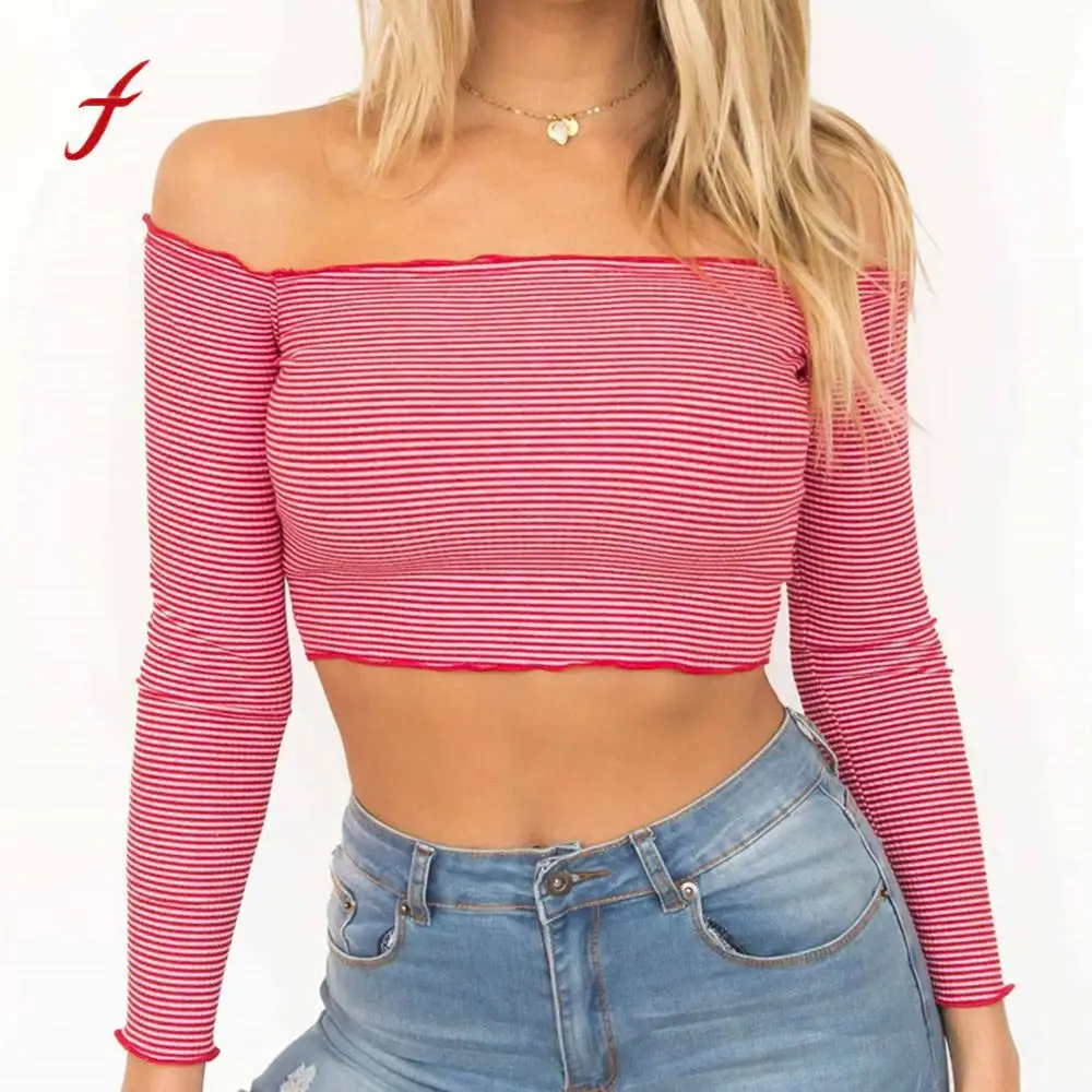 T Shirt Women Off Shoulder Long Sleeve Striped Loose Tops Casual Slash