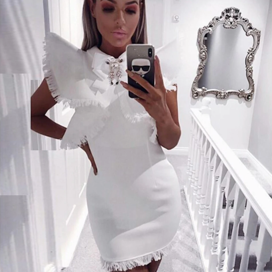 Preise Seamyla Berühmtheit Abend Party Kleid Frauen 2019 Neue Sexy Weiß Schwarz Bodycon Rüschen Kurzarm Perlen Club Kleider Vestidos