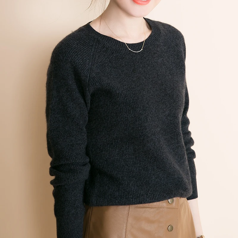 Зимний женский кашемировый шерстяной свитер с круглым вырезом,, повседневный однотонный тонкий свитер, Женский пуловер с длинным рукавом, вязанный женский плюс - Цвет: AB Black