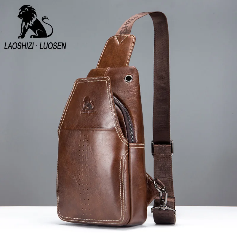Men Wax Oil Leather Shoulder Bags Travel Genuine Leather Chest Bag Strap Sling Leather Casual