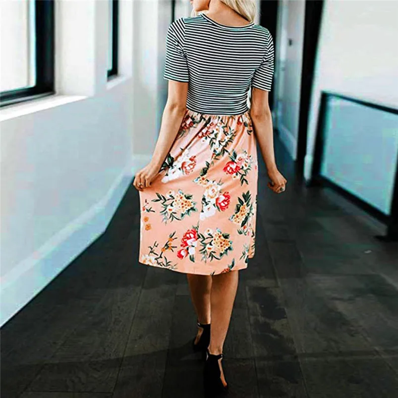  Women's Short Sleeve Stripe Floral Print Tie Waist Swing Midi Dress with Pockets Summer Holiday Dress For Ladies Girls 40MY14 (6)