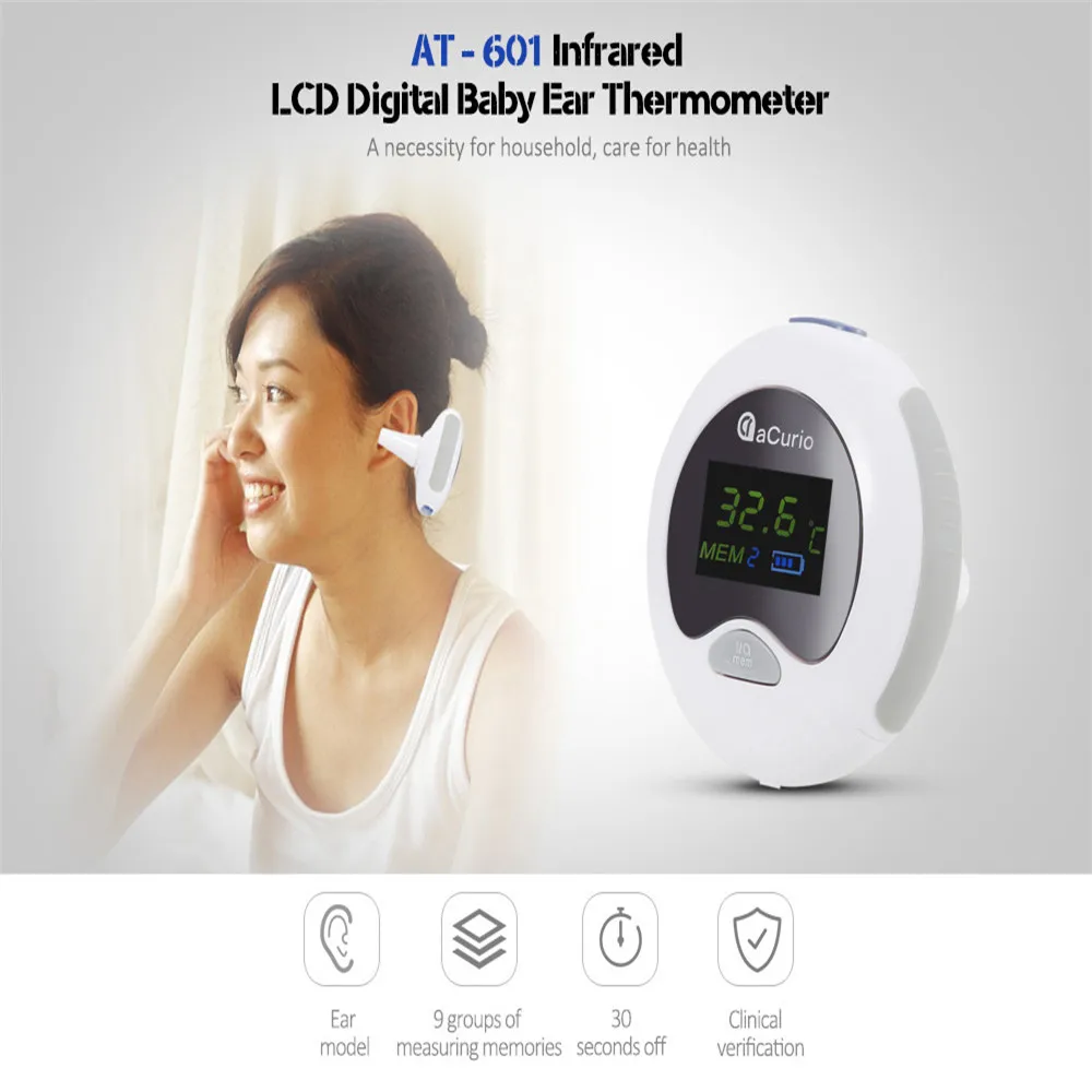 

ACurio AT-601 Infrared Ear Thermometer LCD Digital Baby Fever Alarm Memory Recall Auto Shutdown Deg.C/Deg.F Thermometers