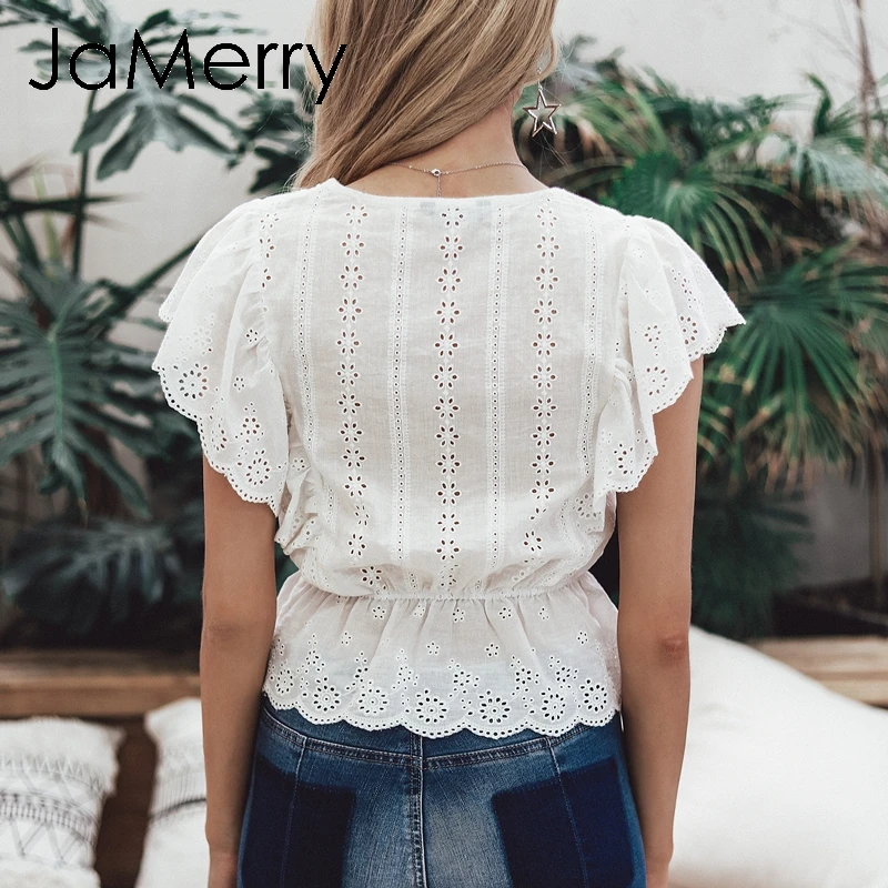  JaMerry Causal white embroidery lace hollow out blouse shirt women Ruffles woman blouse top Female 