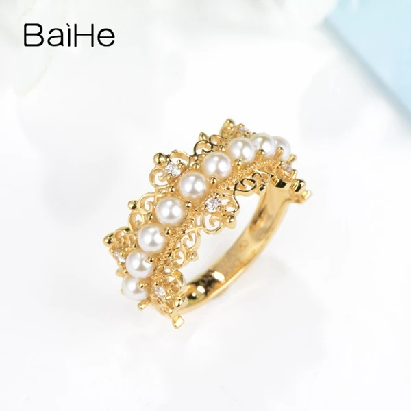 BAIHE твердое кольцо из 14 К желтого золота 2 мм, круглый натуральный пресноводный жемчуг, обручальное кольцо, обручальное кольцо, модное ювелирное изделие, подарочное кольцо