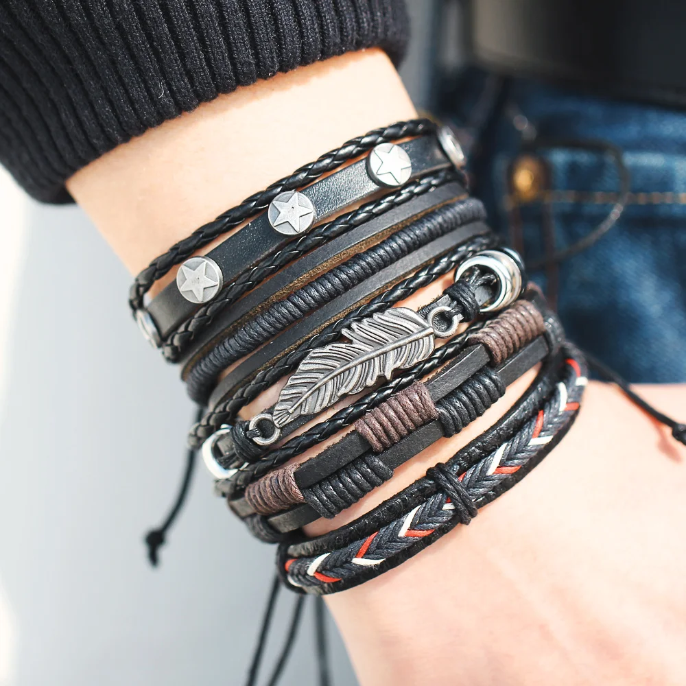 

6 Design Vintage Multilayer Leather Bracelet For Men 2019 Handmade Wristband Bracelet Punk Rope Jewelry Wrap Bracelets & Bangles