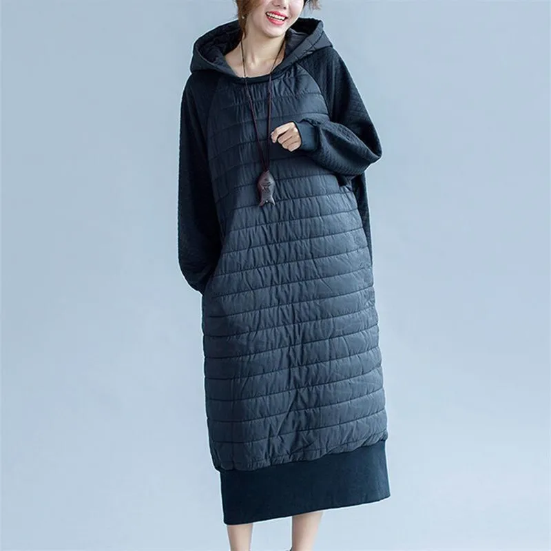 Женская зимняя куртка размера плюс L-6XL,, женская теплая утолщенная длинная куртка с капюшоном, пальто в стиле пэчворк, в полоску, больше размера d, длинное хлопковое пальто