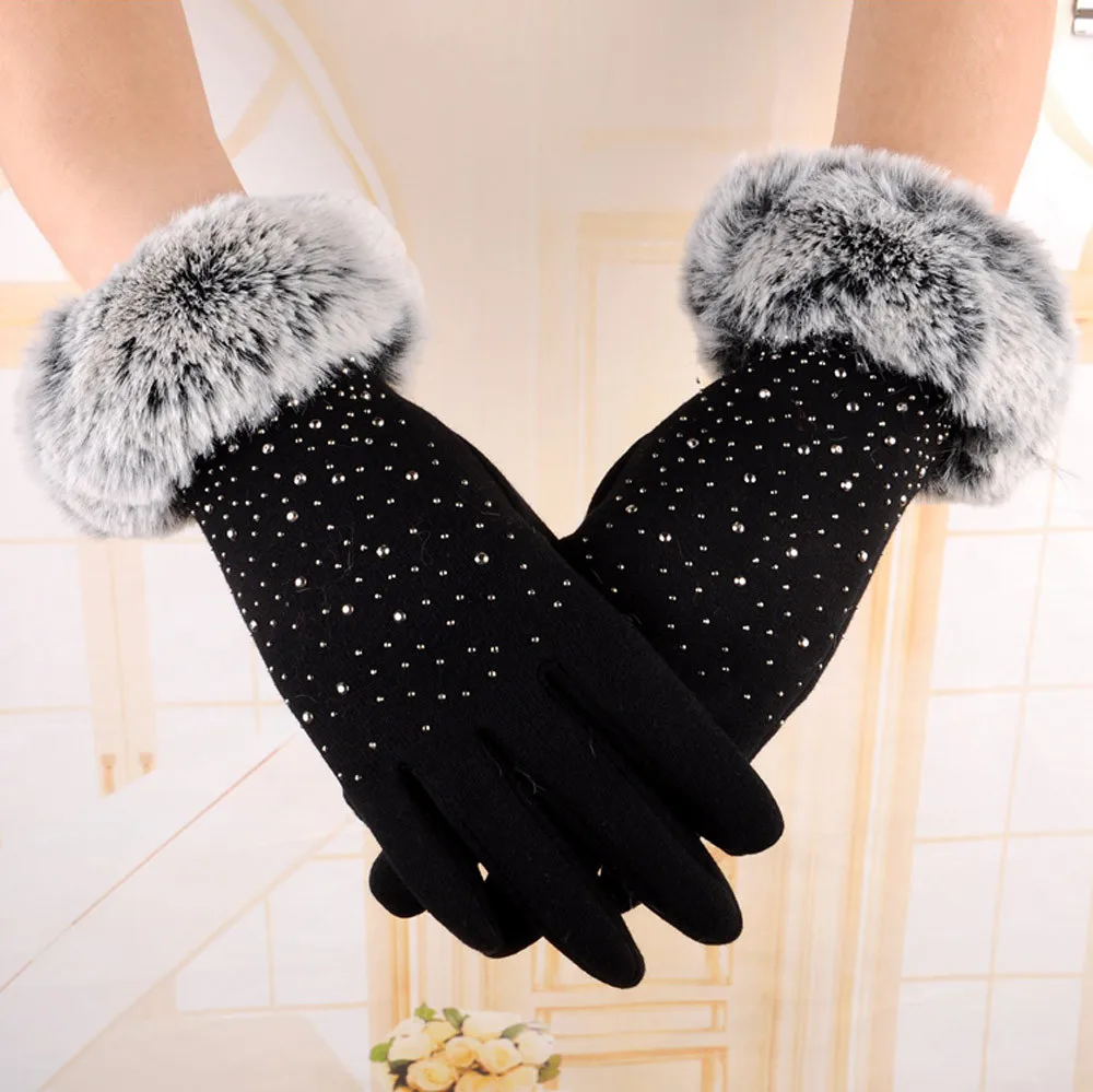 

New Brand High Quality Women Winter Cotton Wool Gloves Elegant Warm Plush Bow Screen Sense Glove Mittens Cashmere Gloves 10.11