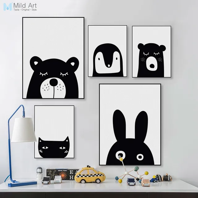 Black white kawaii animals bear rabbit poster prints nordic baby kids room wall art pictures home Black white kawaii animals bear rabbit poster prints nordic baby kids room wall art pictures home