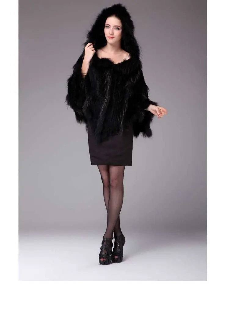 Ручной работы вязаное Женское пальто из натурального кроличьего меха с большим воротником ракон модное тонкое шлейф Пончо Куртка пальто оптом - Цвет: black