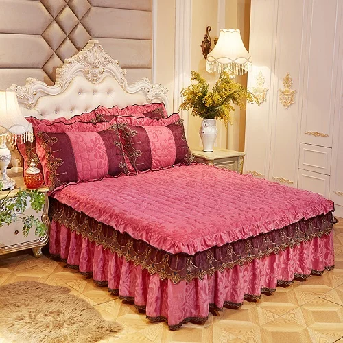 Красное, серое, бежевое, розовое, фиолетовое, синее роскошное Европейское флисовое полотно, плотное кружевное постельное покрывало, комплект постельного белья, Фланелевое покрывало, наволочка, 3 шт - Цвет: 2