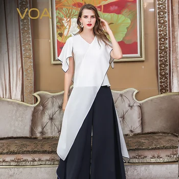 

VOA White Heavy Silk T Shirt V Neck Pullover Fake Two Piece Set Ladies Tops Harajuku Irregular Tee Luxury Cross Clothes B906