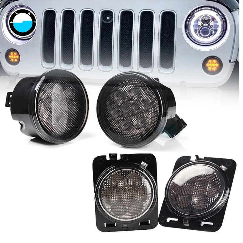 Pair Front Fender Flare light and PairSmoke Lens Front Grille LED Turn Signal Light for Jeep