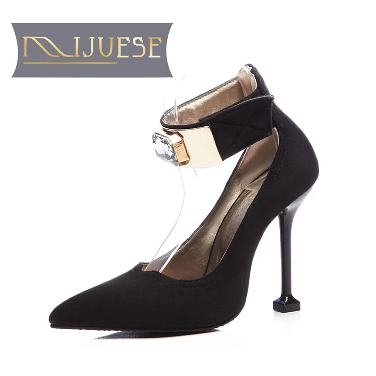 

MLJUESE 2018 women pumps Black color autumn spring pointed toe buckle strap strange style high heels women size 34-43